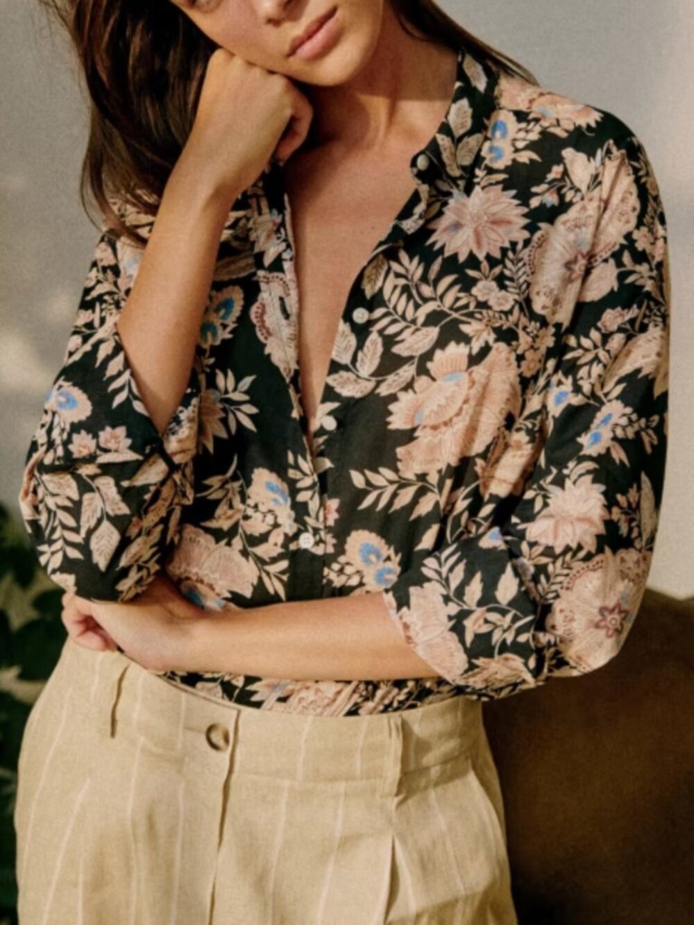 Sezane Pierro Shirt Black Foral Print Long Sleeve Size FR 42 US 10 XL